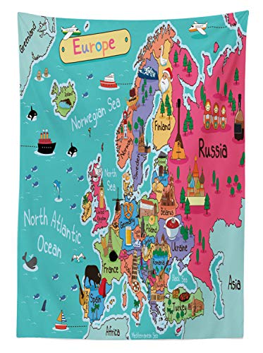 ABAKUHAUS Mapa Mantele, De Dibujos Animados Europa Mapa Lugar de interés, Resistente al Agua Apto Uso Exterior e Interior No Destiñen, 140 x 200 cm, Multicolor
