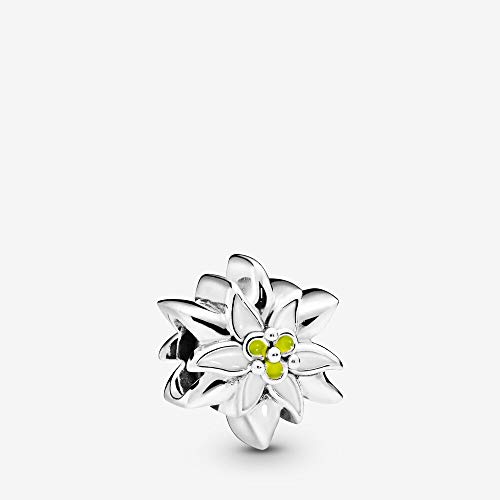 Abalorio de plata de ley con diseño de flor de las nieves y ámbar blanco y amarillo.