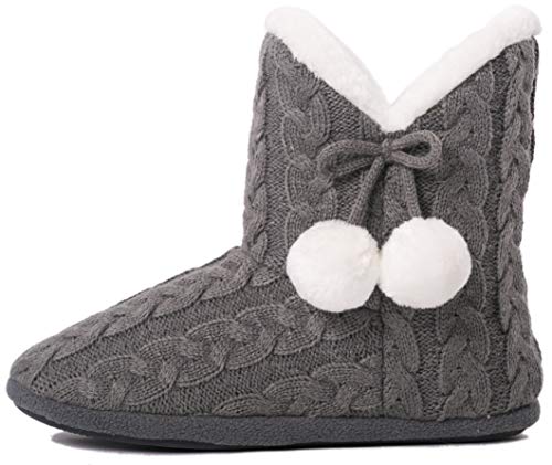 AIREE FAIREE Zapatillas de Casa para Mujer Pantuflas Mujer Invierno Casa con Bordes del Tejido de Punto y Pompons (Medio EU 38-39, Gris)