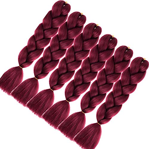 Ali Show 6 extensiones de pelo sintético trenzado, 100 g/unidad, 64 cm, fibra ombre Jumbo para el día a día o para fiestas (rojo vino)