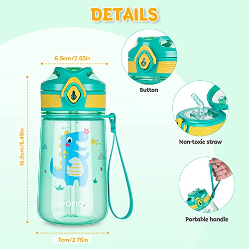 Amazon Brand - Eono Botella de Agua Niños, 420ml Reutilizable Tritan Plástico sin BPA Botella Agua Niños a Prueba de Fugas, con Pajita y Marcador, para Aire Libre Escuela, Deportes (Verde, Dinosaurio)