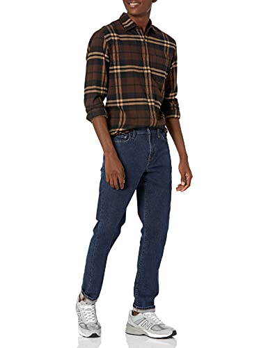 Amazon Essentials - Camisa de franela a cuadros de manga larga y ajuste regular para hombre, Marrón (Brown Plaid), US M (EU M)