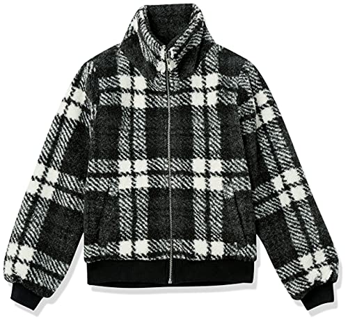 Amazon Essentials Teddy Faux Shearling Funnel Collar Jacket Chaqueta, Negro/Marfil, Cuadros Escoceses, S