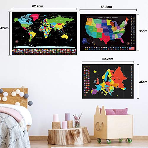 Anpro Mapa Mundi Rascar Pared Grande,Mapa Rascar Europa y Estados Unido con 46 PCS Accesorios,Regalo para Navidad,Cumpleaños,Viaje