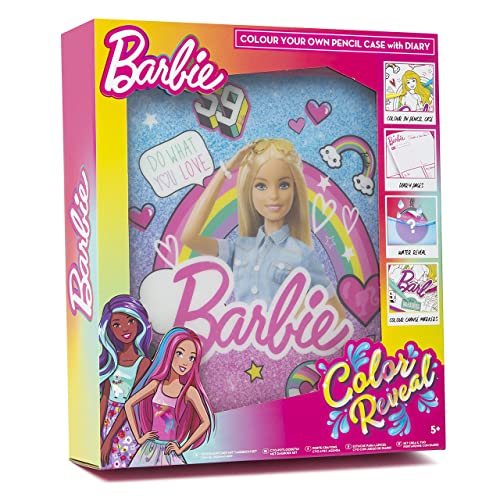 Barbie Colour Your Own - Estuche para lápices (incluye diario, 4 marcadores de cambio de color, 5 bolígrafos de gel y un marcador de 6 pulgadas, set de manualidades para niños