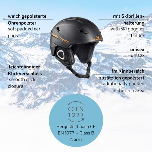 BLACK CREVICE Casco de esquí Kitzbühel I Casco de esquí de diseño Deportivo para Hombre y Mujer I Casco de esquí de policarbonato Transpirable I Talla Ajustable (S, Negro)