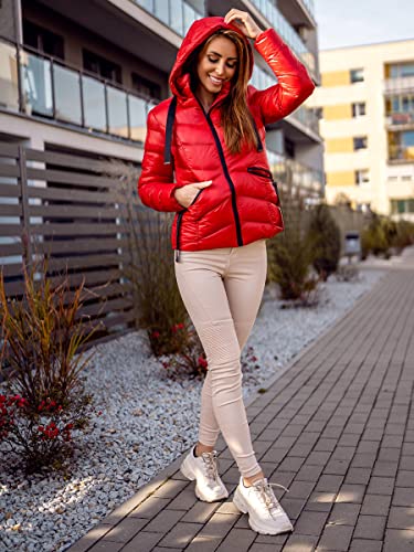 BOLF Mujer Chaqueta acolchada de Invierno con Capucha Cierre de Cremallera Cazadora Plumas Jacket Ropa de abrigo Zip Deporte Ocio Estilo Estilo Casual 23066 Rojo M [D4D]