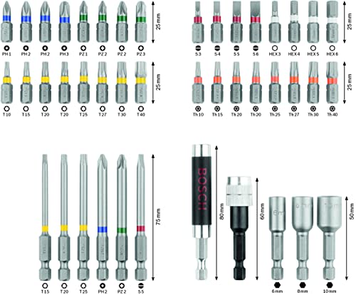 Bosch Professional Set de 43 unidades Punta de atornillar Extra Hard (Cruceta, Pozidriv, T-bit, TH-, S-Bit, Accesorios taladros rotativos y atornilladores)