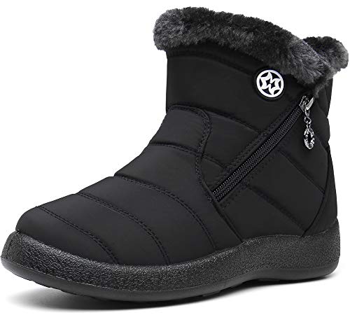 Botas para Mujer Botines de Invierno Forradas con Pelo Botas de Nieve Antideslizante Zapatos Outdoor Ligero Negro 43 EU