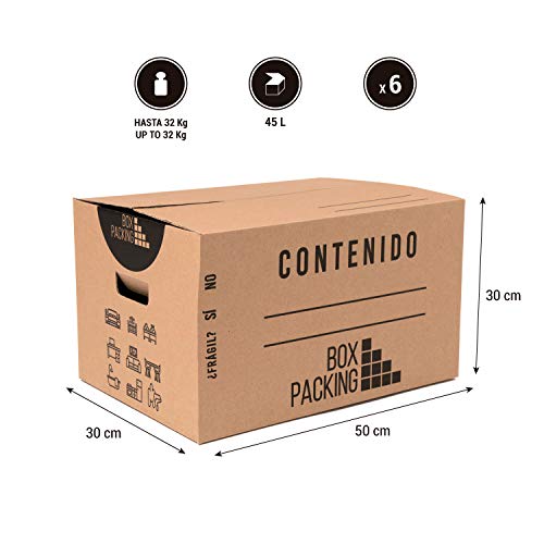 BOXPACKING | Cajas de Cartón para Mudanzas y Almacenaje | Cajas Mudanza 50x30x30 cm | Cajas Cartón Mudanza con Asas | Pack 6 cajas