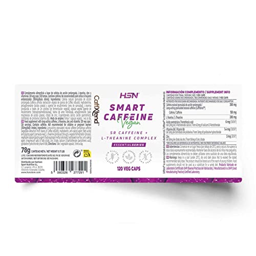 Cafeína con Teanina de HSN | Smart Caffeine | Pastillas para Estudiar y Concentración de Efecto Prolongado | Nootrópico Natural | No-GMO, Vegano, Sin Gluten | 120 Cápsulas Vegetales