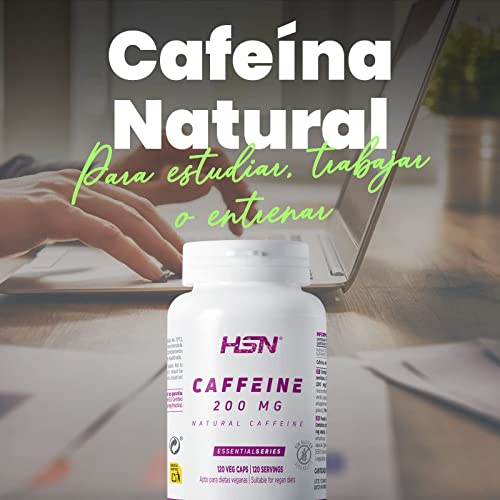 Cafeína Natural de HSN | 120 Cápsulas Vegetales de 200 mg de Cafeína Pura y Efecto Inmediato | Procedente de Granos de Café Verde | Suplemento Estimulante | No-GMO, Vegano, Sin Gluten