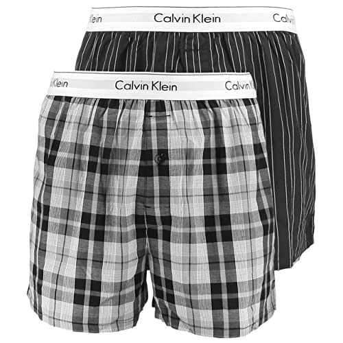 Calvin Klein Boxer Slim Fit 2pk, Negro (Ryan Stripe D Well/Hickory Plaid B Jkz), M (Pack de 2) para Hombre