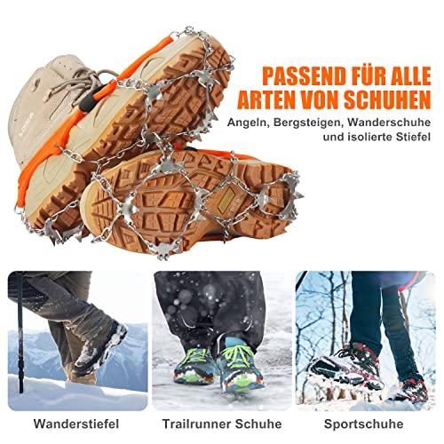 Crampones DRMOIS para Botas de montaña, Zapatos Traction Ice Cleat Spikes Crampones Pinzas para Zapatos Grödel Ice Spikes con 19 púas para Senderismo (Naranja, M (36-40))