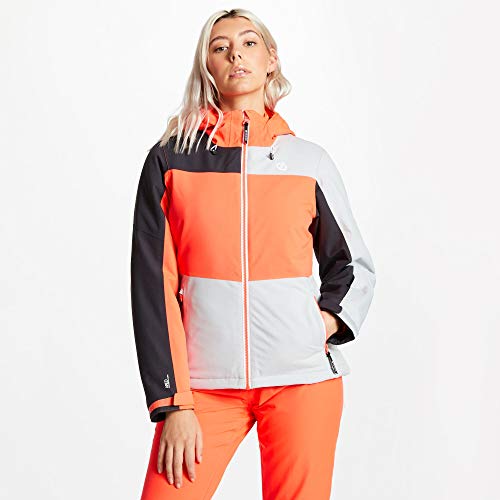 Dare 2b Purview Waterproof & Breathable High Loft Insulated Hooded Ski & Snowboard Jacket with Fixed Snowskirt and Taped Seams Chaquetas aislantes Impermeables, Mujer, Argent Grey/Fiery Coral, 44