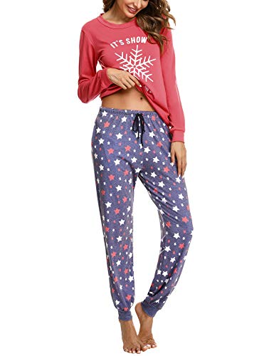 Doaraha Conjunto de Pijamas de Algodón para Mujer Camiseta y Pantalones Estrellas Copo de Nieve Ropa de Dormir de Manga Larga Suave Cómodo Loungewear (A# Rojo, 2XL)