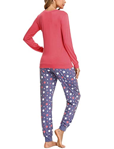 Doaraha Conjunto de Pijamas de Algodón para Mujer Camiseta y Pantalones Estrellas Copo de Nieve Ropa de Dormir de Manga Larga Suave Cómodo Loungewear (A# Rojo, 2XL)