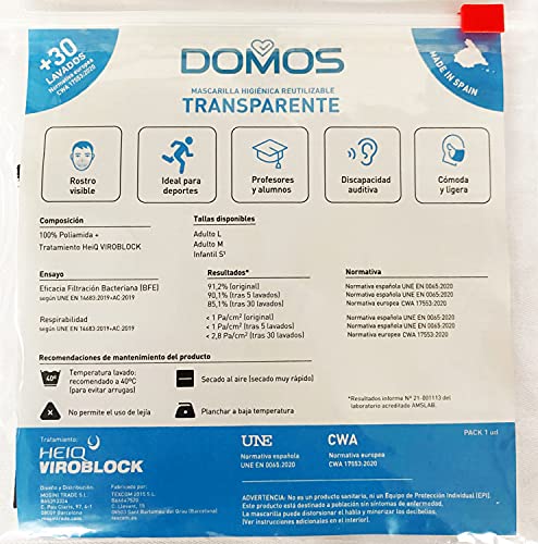 Domos Mascarilla Transparente Reutilizable Homologada. Color NEGRO. Ideal para la DESESCALADA. Certificaciones UNE0065(ES) y CWA17553(UE). Fabricada en España (Talla M)