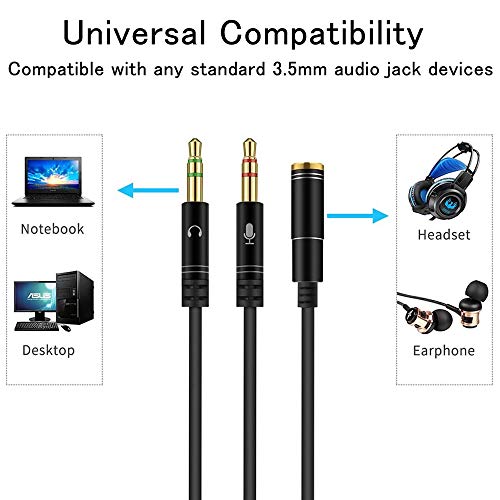 EasyULT 3.5mm Audio Jack Y Splitter Cable, Estéreo Conector Jack 1 Hembra a 2 Macho Cable Audio Divisor para Auricular del Micrófono- 30CM(Negro)