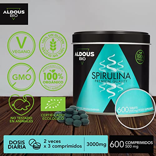 Espirulina Ecológica Premium para 9 Meses | 600 comprimidos de 500mg con 99% BIO Spirulina | Vegano - Saciante - DETOX - Proteína Vegetal | Certificación Ecológica