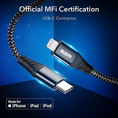 ESR Cable USB C a Lightning, (Certificado MFi), Cable de Carga Rápida PD de Nailon Trenzado para iPhone 13/13 Pro/13 mini/13 Pro Max/12/12 Pro/12 mini/12 Pro MAX y más, Tipo -C, 1 Metro Negro