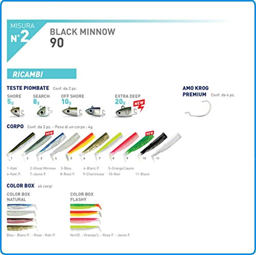 Fiiish Lures - Black Minnow Combo BM90 - Señuelo Blando de Vinilo para Pesca Spinning de Bass Lubina y otras especies - 1 Cabeza + 2 Cuerpos + 1 Anzuelo Nº2 (10g Combo OffShore BLANCO - ROJO)