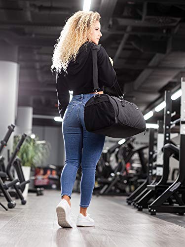 Fitgriff® Bolsa Deporte Fitness - Hombre y Mujer - Bolsa de Viaje - Macuto con Zapato y Compartimento Húmedo - de Gimnasio, Gym (Black, Small)