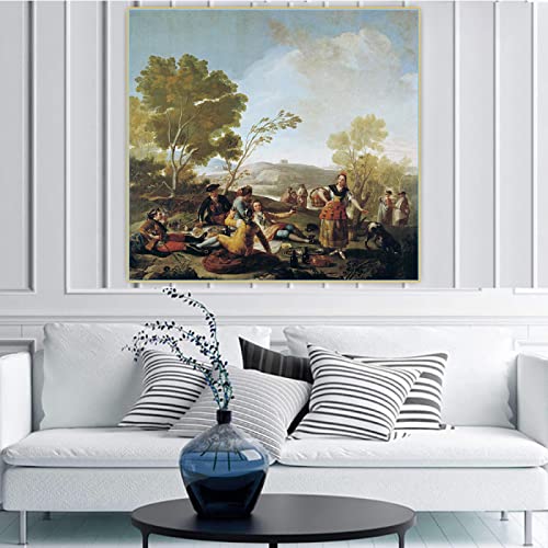Francisco Goya 《Picnic a orillas del Manzanares》 Impreso en lienzo, apto para decoración del hogar Cuadros artísticos de pared para sala de estar Dormitorio Cocina Oficina Bar   40x40cm Sin marco