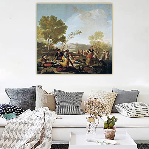 Francisco Goya 《Picnic a orillas del Manzanares》 Impreso en lienzo, apto para decoración del hogar Cuadros artísticos de pared para sala de estar Dormitorio Cocina Oficina Bar   40x40cm Sin marco