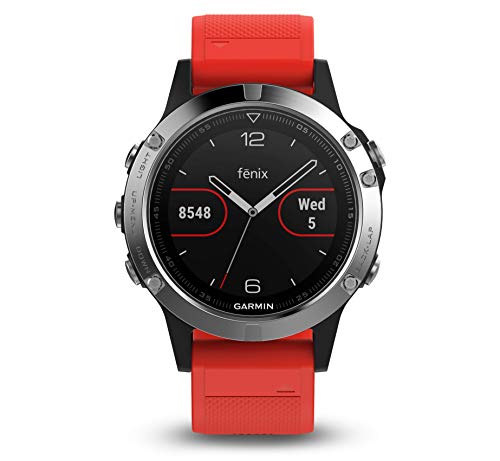 Garmin Fenix 5 - Reloj multideporte, con GPS y medidor de frecuencia cardiaca, lente de cristal y bisel de acero inoxidable, 47 mm, con 2 correas Negra y Roja
