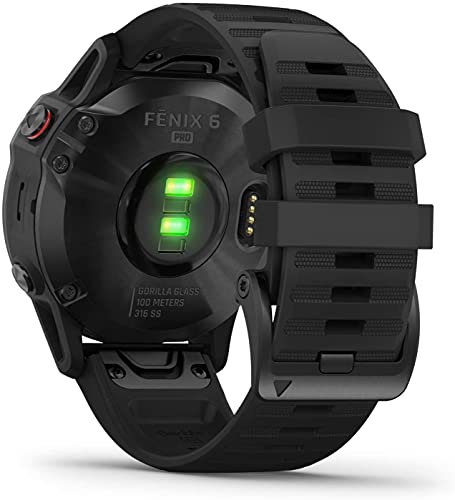 Garmin fēnix 6 Pro, el reloj GPS multideporte definitivo, funciones de mapeo, música, monitorización del ritmo con ajuste de grado y sensores Pulse Ox, negro con banda negra