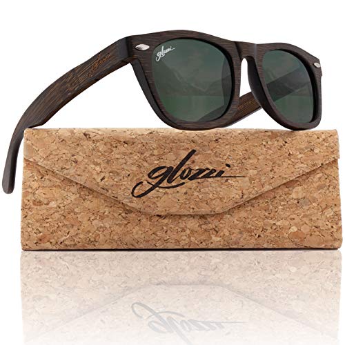 glozzi Gafas de sol madera de bambú para hombre y mujer con lentes reflectantes y polarizadas UV400 de categoría 3 y estuche de corcho - Marrón