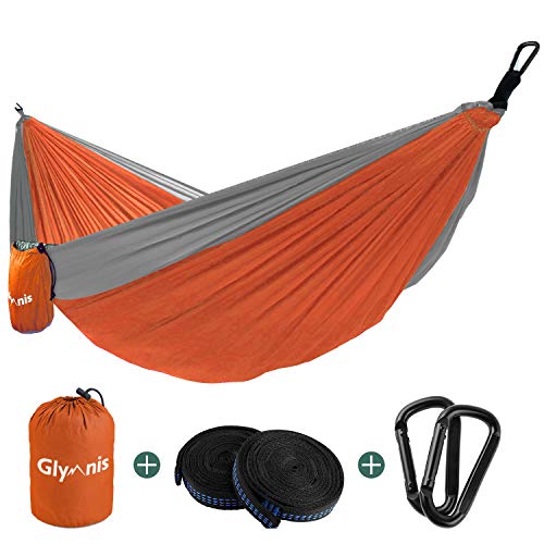 Glymnis Hamaca Ultraligera para Camping y Viaje de Nylon 300kg de Capacidad de Carga Ranspirable y Secado Rápido 275x140cm Kit de Hamaca de Tela 210T Gris y Naranja