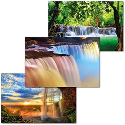 GREAT ART® Juego de 3 carteles – Cascadas internacionales – Tailandia Islandia Norteamérica Trópicos Colores pastel Diseño Decoración (Din A2 - 42 x 59,4)