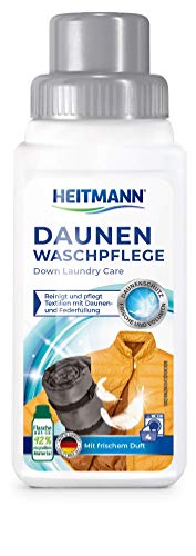 Heitmann Lavado de plumón: limpia y cuida textiles con relleno de plumón, ideal para la limpieza suave de chaquetas de plumas, cojines de plumas, edredones de plumas, 250 ml, 1 unidad.