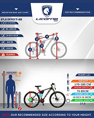 Licorne Bike Effect Premium - Bicicleta de montaña 27,5 pulgadas - para niños, niñas, hombres y mujeres - Cambio de 21 velocidades - para hombre - Negro/Lime (2 frenos de disco)