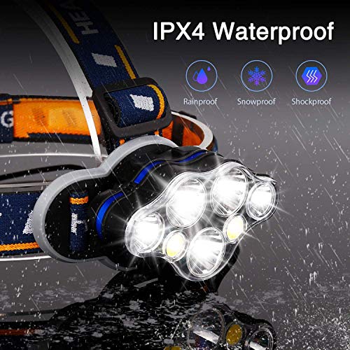 Linterna Frontal LED, Luz Frontal de USB Rechable 15000 lm Impermeable IPX4 con 7 LEDs 8 Modos Perfecto para Acampar, Bicicleta de Montaña, Pesca, Paseo, Acampar, Caminar
