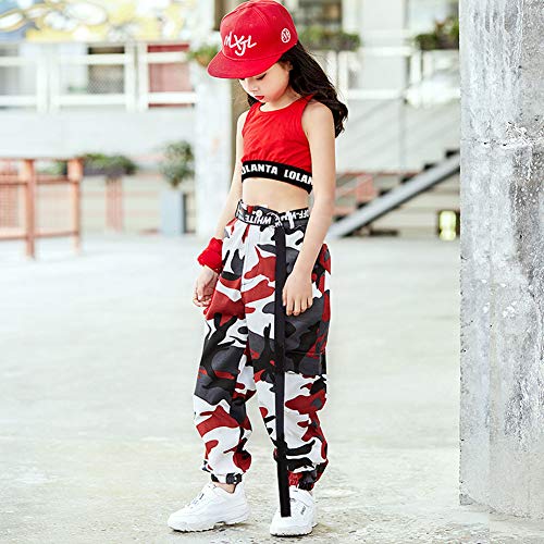 LOLANTA 2 Piezas Niñas Hip Hop Street Dance Solo Ropa Set Crop Tank Top+Camuflaje Jogger Pantalones, Rojo, 160