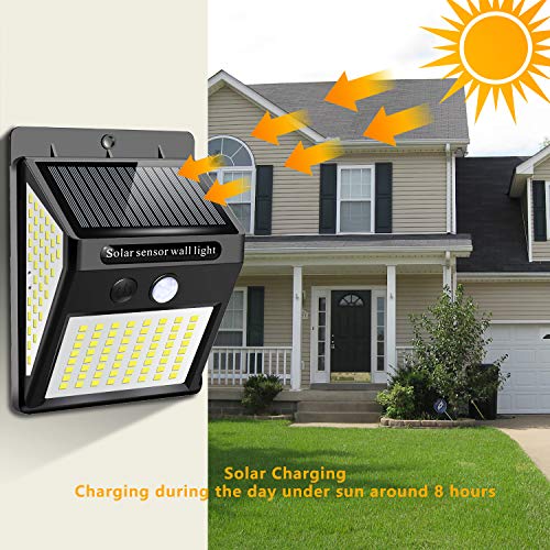 Luz Solar Exterior, 144 LED Aplique de Seguridad Solar con Sensor de Movimiento, Iluminación Gran Angular de 300°, Luz Solar a Prueba de Agua 2200mAh para Jardines, Entradas de Garaje(1 Paquete)