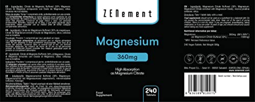 Magnesio, 360 mg, 240 Comprimidos | Alta absorción como Citrato de Magnesio | Ayuda a los sistemas psíquico, nervioso, muscular y óseo | Vegano | de Zenement