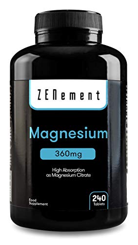 Magnesio, 360 mg, 240 Comprimidos | Alta absorción como Citrato de Magnesio | Ayuda a los sistemas psíquico, nervioso, muscular y óseo | Vegano | de Zenement