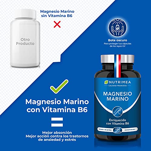 Magnesio Marino con Vitamina B6 | Alivio Calambres Cansancio Fatiga Potente Suplemento Articulaciones Huesos Piel Energía Deportistas | 120 cápsulas Cura de 4 Meses |Hasta 300mg/día