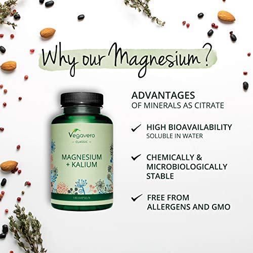 Magnesio + Potasio Vegavero® | Sin Aditivos & Apto Para Veganos | Testado en Laboratorio | 180 Cápsulas | Electrolitos & Sales Minerales | Relajante Muscular
