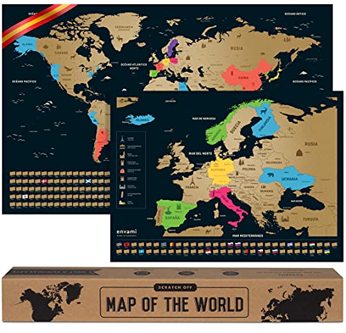 Mapa Mundi Rascar I Español I Más el mapa de Europa I Mapas del Mundo para Marcar Viajes I 68 X 43 CM I Plata I Scratch Off Travel Map
