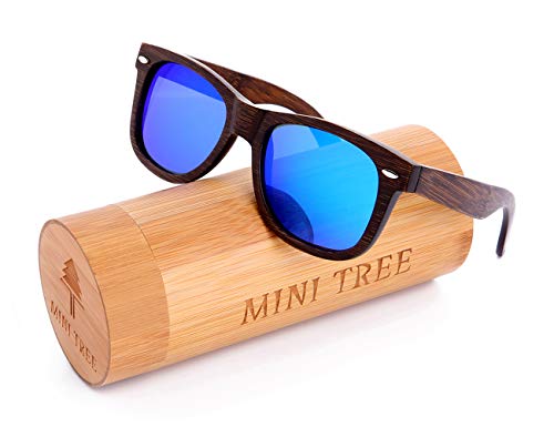 Mini Tree Gafas de Sol Polarizadas Hombre y Mujer, Gafas de Carbón de Bambú Flotantes Cat.3 UV Protección de Modelo Clasico (Negro, Azul)