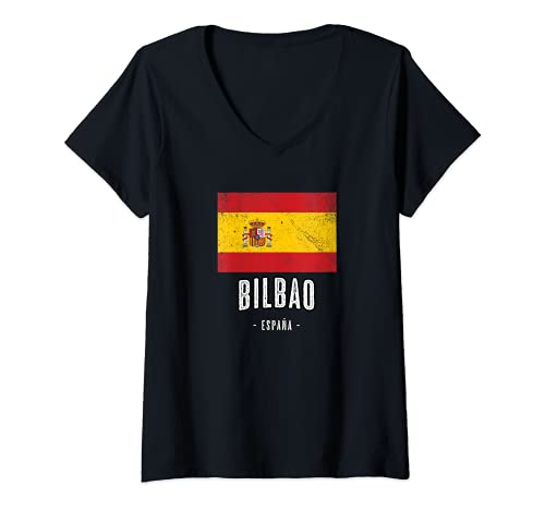 Mujer Bilbao España | Souvenir Linda Ciudad - Bandera Española - Camiseta Cuello V