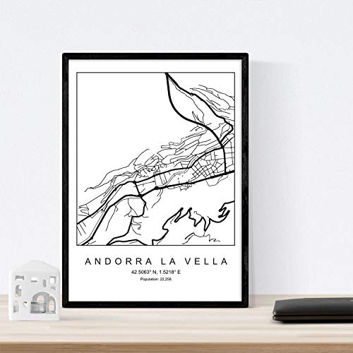 Nacnic Lámina Mapa de la Ciudad Andorra la Vella Estilo nordico en Blanco y Negro. Poster tamaño A3 Sin Marco Impreso Papel 250 gr. Cuadros, láminas y Posters para Salon y Dormitorio