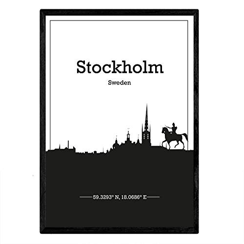 Nacnic Poster con Mapa de Stockholm - Suecia. Láminas con Skyline de Ciudades del Norte de Europa con Sombra Negra. Tamaño A3