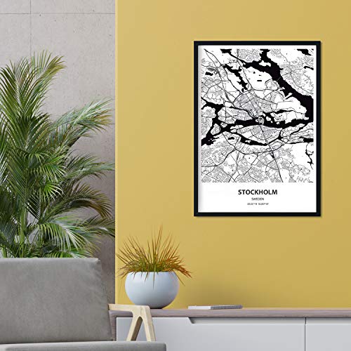 Nacnic Poster con Mapa de Stockholm - Suecia. Láminas de Ciudades del Norte de Europa con Mares y ríos en Color Negro. Tamaño A4