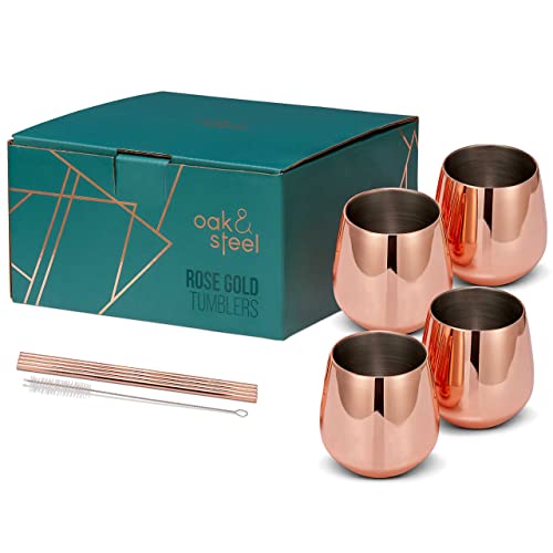 Oak & Steel - 4 Elegantes Vasos de Acero Inoxidable - Juego de Copas Oro Rosa - Incluye Pajitas y Cepillos de Limpieza - Set Regalo Original